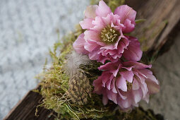 Deko mit Rinde, Moos, Feder und Christrosenblüten (Helleborus niger)