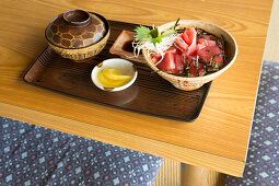 Setto (typical Japanese set), sashimi with rice, nori and soya sauce