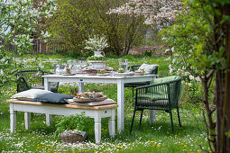 Gedeckter Tisch im Garten für Osterfrühstück mit Osternest und gefärbten Eiern und Blumenstrauß in Etagere, Korb mit Eiern und Petersilie in Wiese