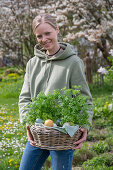 Young woman carrying wicker basket with parsley (Petroselinum) and colored Easter eggs in the garden