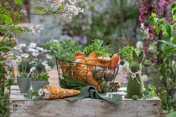 Blätterteigtüten im Ofen gebacken, gefüllt mit Karotten-Dill-Sauresahnesoße im Drahtkorb und gefärbten Eiern, Kräuter als Deko, Gänseblümchen in Tasse als Vase, Osterhasenfigur