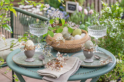Gedeckter Tisch mit Ostereiern mit Naturfarben gefärbt in Eierbechern, dekoriert mit Blütenzweigen der Felsenbirne und Birkenzweige auf Terassentisch