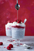 Chia pudding with whipped cream, raspberries and honey