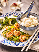 Sesame prawns with ginger and leek served with rice