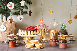 Sweet Christmas buffet with chocolate, fruit cake, mince pies, panettone, Christmas pudding and candy canes