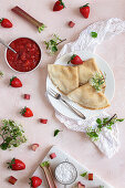 Crêpes with strawberry and rhubarb compote