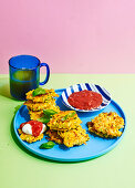Corn fritters with yoghurt and tomato relish