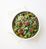 Gluten-free pea penne with ricotta and spinach balls