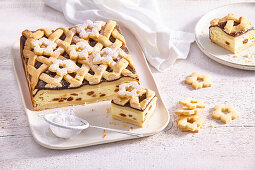 Plum jam sheet cake with pastry lattice