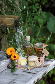 Marigold ointment, mugwort vinegar and comfrey massage oil