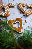 Herzförmige Lebkuchenplätzchen mit Zuckerverzierung