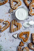 Heart-shaped gingerbread biscuits with icing decoration