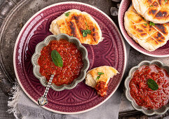 Acili Ezme (Turkish spicy dip) with flatbread