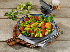 Brussels sprouts and chorizo pan with parsnips