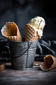 Vanilla chocolate chip ice cream in ice cream cones