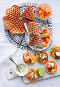 Hazelnut waffles with nectarine and passion fruit compote, potato blini with gravad salmon