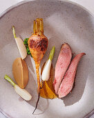 Pigeon breast with turnips and coffee sauce