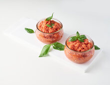 Tomato cream with basil in a jar