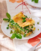 Pea lasagne with pancetta