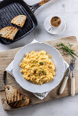 Creamy scrambled eggs and toasted bread