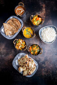 Various vegetables with rice and bread (India)