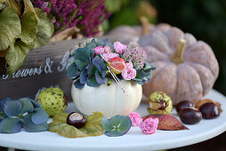 Autumn decorations with ornamental pumpkins, chestnuts and hydrangeas on a white table