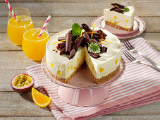 Fruity passion fruit cheesecake with chocolate rolls