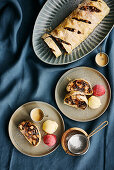 Chocolate and nut strudel with ice cream