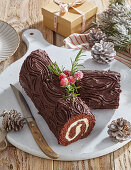 Bûche de Noël made from chocolate sponge cake with quark filling