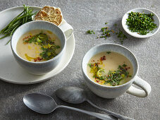 Potato and leek soup with parsnip and fresh herbs