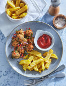 Meatballs with capers, chips and ketchup