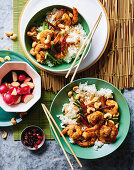 Kung Pao-Garnelen mit Reis und gepickelten Radieschen