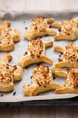 Lambs and Easter bunnies made from puff pastry with a coconut crust