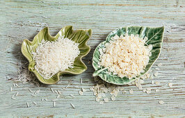 White rice grains and rice flakes