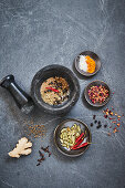 Ayurvedic spices in a mortar and pestle