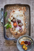 Salt-crusted beetroot with vegan basil and bean cream