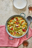 Spaghetti casserole 'Primavera' with green asparagus and mozzarella