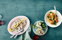 Putello tonnato, chicken salad with wrap, spaghetti with crispy chicken skin