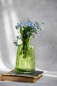 Forget-me-not (Myosotis) in green glass vase on old book