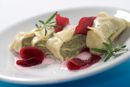 Herb maultaschen with beetroot and rosemary