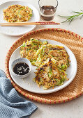 Yachaejeon (Korean vegetable pancakes) with dipping sauce