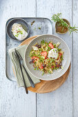 Strawberry and asparagus salad with burrata and rhubarb vinaigrette