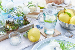 Frühlingshafte Tischdeko mit Blumen und Zitronen