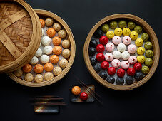 Steamed dim sum in various colours