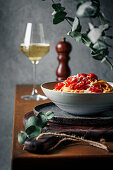 Spaghetti with baked tomatoes and parmesan