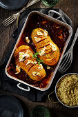 Hasselback butternut with burrata and bulgur