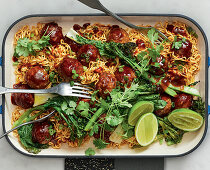 Sheet casserole with hoisin meatballs and Asian noodles