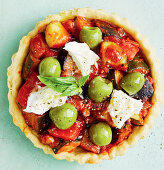 Vegetable tart with olives and vegan mozzarella