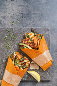 Carrot and halloumi wrap with green asparagus and carrot pesto