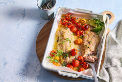 Oven-baked fish with honey and cherry tomatoes